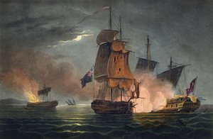 Badere Zafferin vangitseminen, 6. heinäkuuta 1808, James Jenkinsin teoksesta The Naval Achievements of Great Britain, kaiverrettu Thomas Sutherland (s. 1785), julkaistu 1816 (käsinvärinen akvatinta)